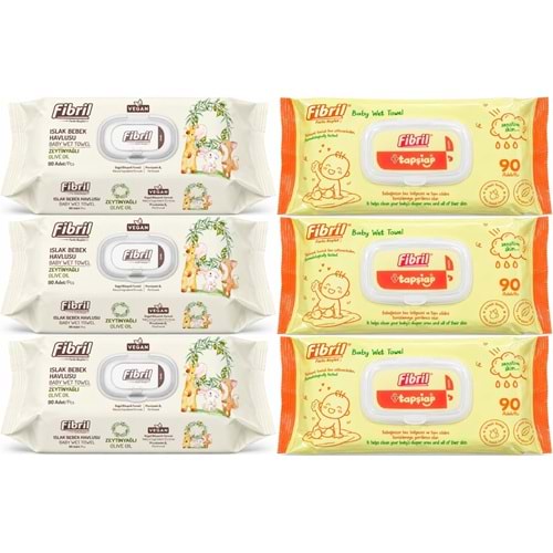 Fibril Islak Havlu Bebek Mendil 90 Yaprak Zeytinyağlı & Bebek (Karma 6 Lı Set) 540 Yaprak