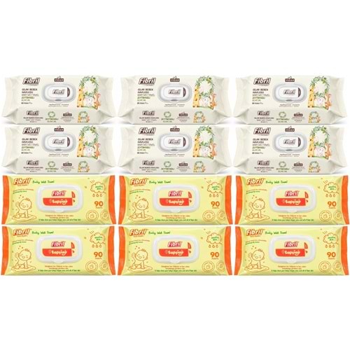 Fibril Islak Havlu Bebek Mendil 90 Yaprak Zeytinyağlı & Bebek (Karma 12 Li Set) 1080 Yaprak