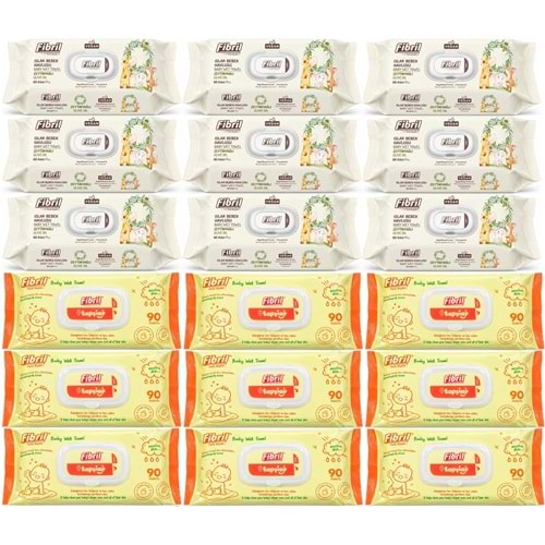 Fibril Islak Havlu Bebek Mendil 90 Yaprak Zeytinyağlı & Bebek (Karma 18 Li Set) 1620 Yaprak