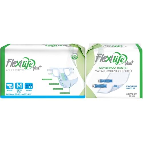 Flexi Life Yetişkin Hasta Bezi Bel Bantlı Tekstil Yüzeyli Orta 30 Adet + Yatak Koruyucu Örtü 30 Adet