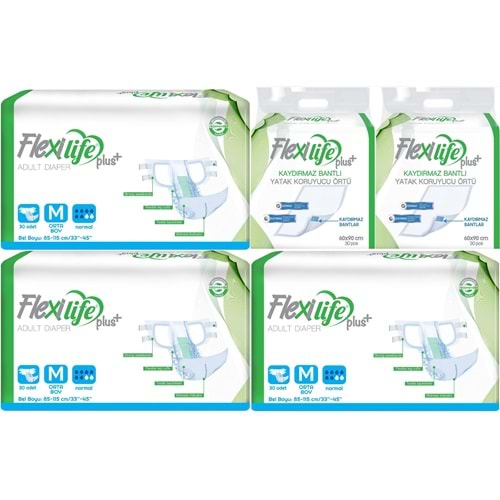 Flexi Life Yetişkin Hasta Bezi Bel Bantlı Tekstil Yüzeyli Orta 90 Adet + Yatak Koruyucu Örtü 60 Adet