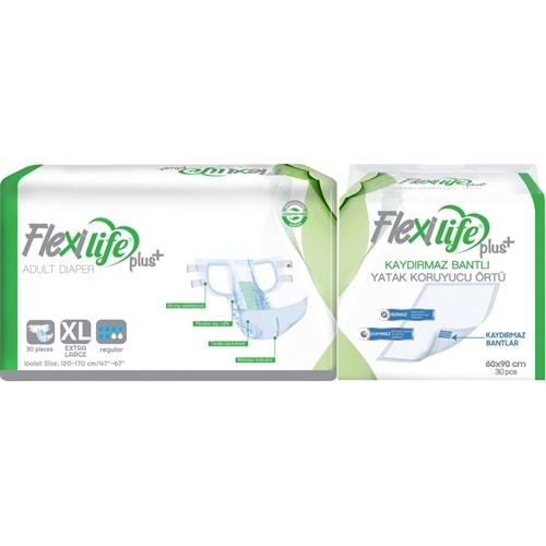 Flexi Life Yetişkin Hasta Bezi Bel Bantlı Tekstil Yüzeyli XL 30 Adet + Yatak Koruyucu Örtü 30 Adet