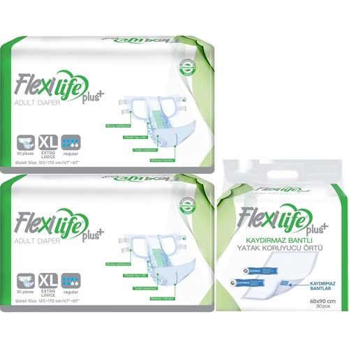 Flexi Life Yetişkin Hasta Bezi Bel Bantlı Tekstil Yüzeyli XL 60 Adet + Yatak Koruyucu Örtü 30 Adet