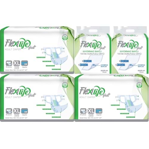Flexi Life Yetişkin Hasta Bezi Bel Bantlı Tekstil Yüzeyli XL 90 Adet + Yatak Koruyucu Örtü 60 Adet