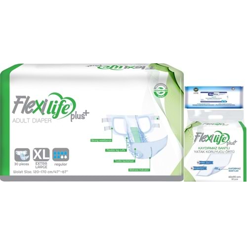 Flexi Life Yetişkin Hasta Bezi Bel Bantlı Tekstil Yüzeyli Ekstra Büyük 30 Adet +Yatak Koruyucu+Havlu
