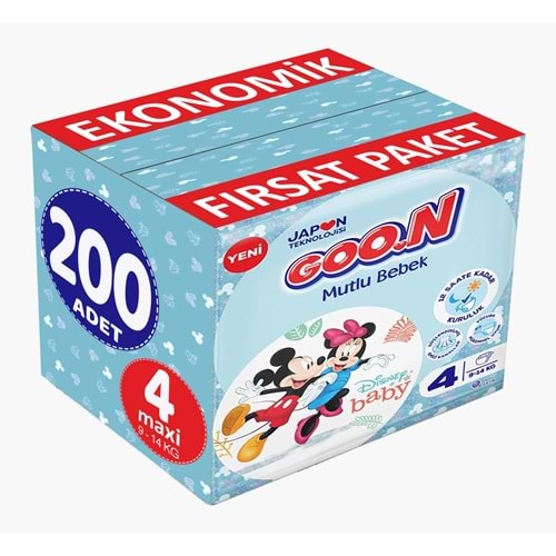 Goon Mutlu Bebek Bebek Bezi Beden:4 (9-14Kg) Maxi 200 Adet Ekonomik Fırsat Pk