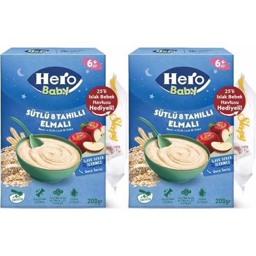Hero Baby Kaşık Maması 200GR Gece Sütlü Elmalı 8 Tahıllı + Islak Mendil Hediye (2 Li Set)