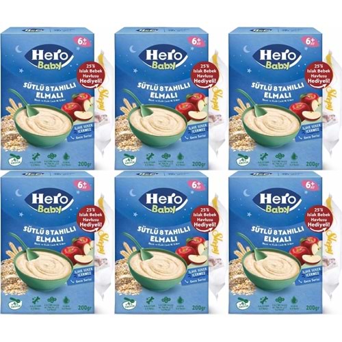 Hero Baby Kaşık Maması 200GR Gece Sütlü Elmalı 8 Tahıllı + Islak Mendil Hediye (6 Lı Set)