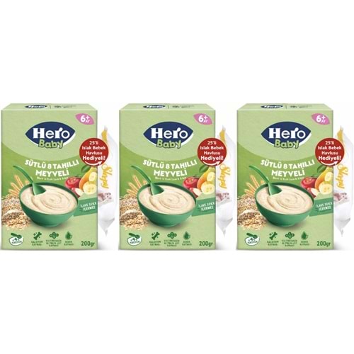 Hero Baby Kaşık Maması 200GR Sütlü 8 Tahıllı Meyveli + Islak Mendil Hediye (3 Lü Set)