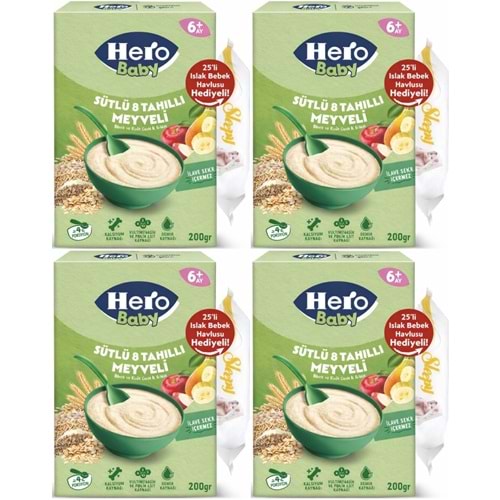 Hero Baby Kaşık Maması 200GR Sütlü 8 Tahıllı Meyveli + Islak Mendil Hediye (4 Lü Set)