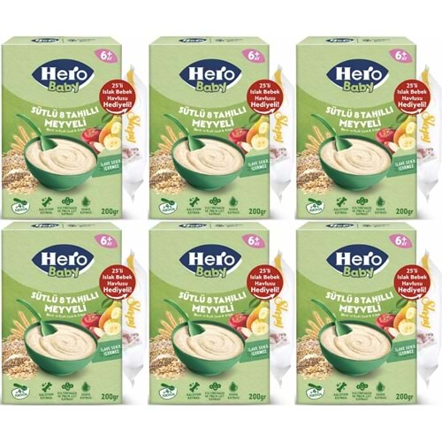Hero Baby Kaşık Maması 200GR Sütlü 8 Tahıllı Meyveli + Islak Mendil Hediye (6 Lı Set)
