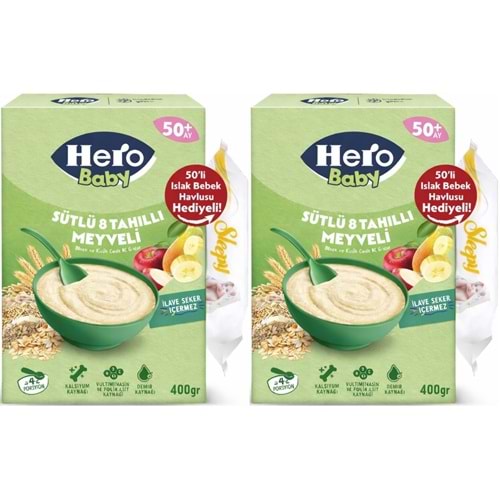 Hero Baby Kaşık Maması 400GR Sütlü 8 Tahıllı Meyveli + Islak Mendil Hediye (2 Li Set)