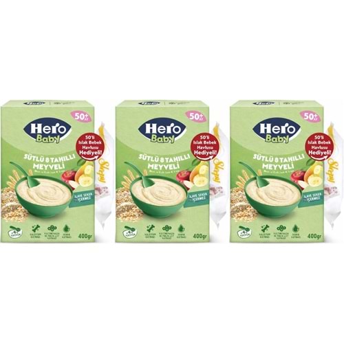 Hero Baby Kaşık Maması 400GR Sütlü 8 Tahıllı Meyveli + Islak Mendil Hediye (3 Lü Set)