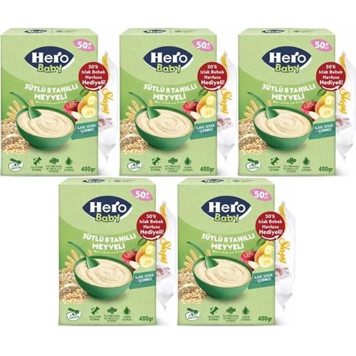 Hero Baby Kaşık Maması 400GR Sütlü 8 Tahıllı Meyveli + Islak Mendil Hediye (5 Li Set)