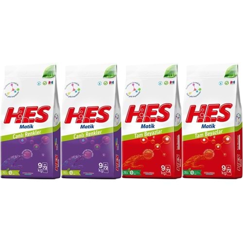 HES Matik Toz Çamaşır Deterjanı Karma 36KG Color/Renkliler-White/Beyazlar (288 Yıkama) (4PK*9KG)