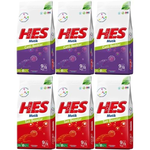 HES Matik Toz Çamaşır Deterjanı Karma 54KG Color/Renkliler-White/Beyazlar (432 Yıkama) (6PK*9KG)