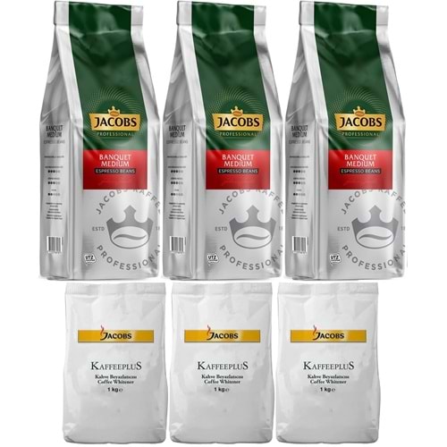 Jacobs Medium Çekirdek Kahve 1KG (Espresso Beans) & Kaffeeplus Süt Tozu 1KG (Karma 6 Lı Set)