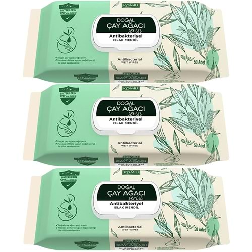 Komili Islak Havlu Mendil 50 Yaprak (3 Lü Set) Çay Ağacı Serisi Antibakteriyel (150 Yaprak)