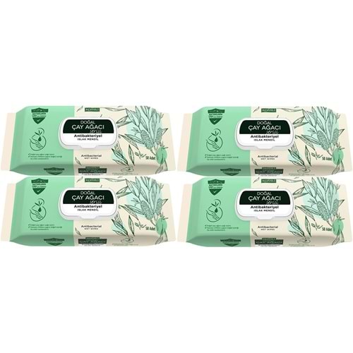 Komili Islak Havlu Mendil 50 Yaprak (4 Lü Set) Çay Ağacı Serisi Antibakteriyel (200 Yaprak)