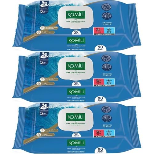 Komili Islak Havlu Mendil 90 Yaprak Okyanus Esintisi (3 Lü Set) Pratik Kapaklı (270 Yaprak)