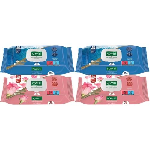 Komili Islak Havlu Mendil 90 Yaprak Karma 4 Lü Set (Okyanus Esintisi-Gül Kokulu) 360 Yaprak