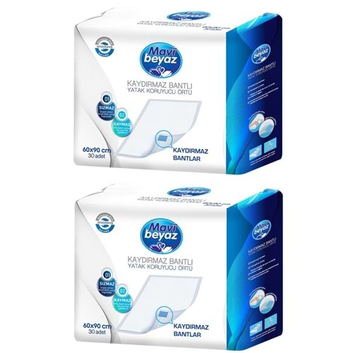 Mavi Beyaz Hasta Alt Açma Yatak Koruyucu Örtü 60*90CM 60 Adet (2Pk*30) Kaydırmaz Bantlı