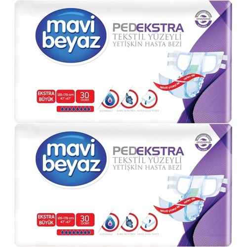 Mavi Beyaz Ped Ekstra Tekstil Yüzeyli Yetişkin Bel Bantlı Hasta Bezi XL Ekstra Büyük 60 Adet