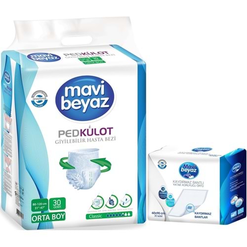 Mavi Beyaz Ped Emici Külot Hasta Bezi M - Medium Orta 30 Adet + Yatak Koruyucu Örtü 60*90CM 30 Adet
