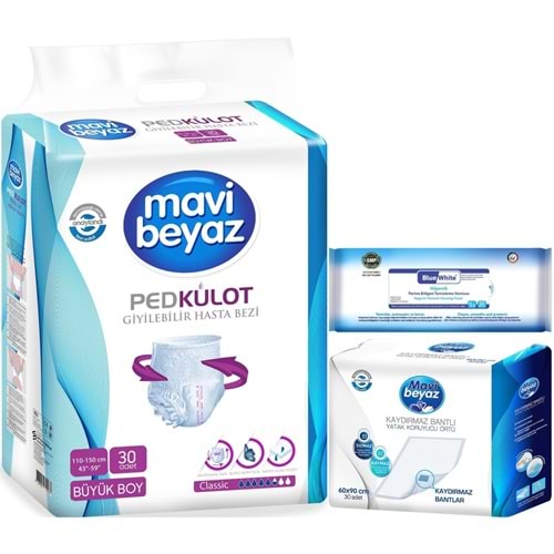 Mavi Beyaz Ped Emici Külot Hasta Bezi L 30 Adet + Yatak Koruyucu 30 Adet + Temizleme Havlusu 1 Pk