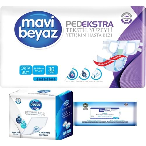 Mavi Beyaz Ped Ekstra Tekstil Yüzeyli Yetişkin Bel Bantlı Hasta Bezi M 30 Adet+ Yatak Korucu + Havlu