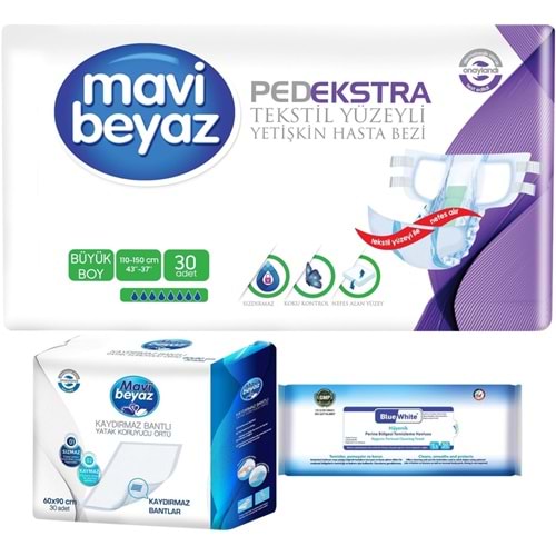 Mavi Beyaz Ped Ekstra Tekstil Yüzeyli Yetişkin Bel Bantlı Hasta Bezi L 30 Adet+ Yatak Korucu + Havlu