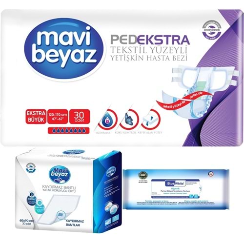Mavi Beyaz Ped Ekstra Tekstil Yüzeyli Yetişkin Bel Bantlı Hasta Bezi XL 30 Adet+Yatak Korucu + Havlu