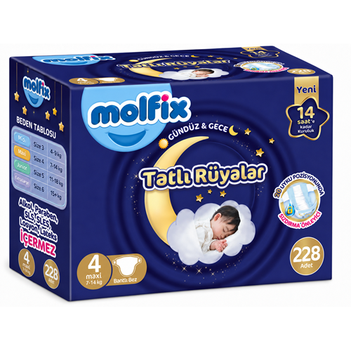 Molfix Tatlı Rüyalar Bebek Bezi 4 Beden 7-14 KG Maxi 228 Adet Aylık Fırsat Pk