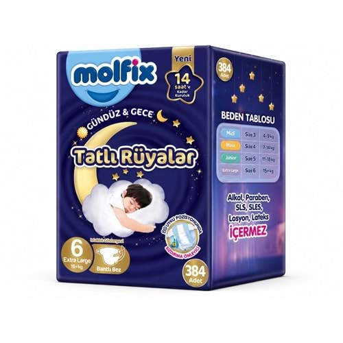 Molfix Tatlı Rüyalar Bebek Bezi 6 Beden15+ KG Extra Large 384 Adet Dev Ekonomik Fırsat Pk