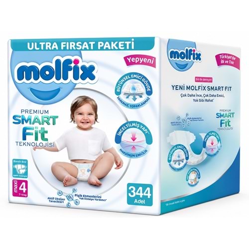 Molfix Premium Smart Fit Bebek Bezi 4 Beden 7-14 KG Maxi 344 Adet Avantaj Ultra Fırsat Pk