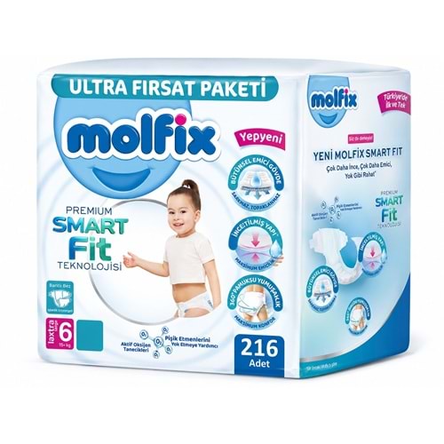 Molfix Premium Smart Fit Bebek Bezi 6 Beden 15+ KG Extra Large 216 Adet Avantaj Ultra Fırsat Pk