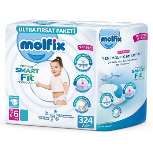 Molfix Premium Smart Fit Bebek Bezi 6 Beden 15+ KG Extra Large 324 Adet Ekstra Ultra Fırsat Pk