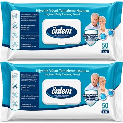 Önlem Hijyenik Vücut Temizleme Islak Mendil Havlu 100 Yaprak (2PK*50)
