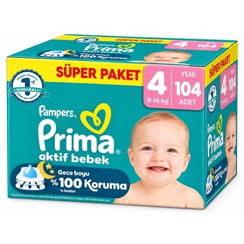 Prima Aktif Bebek Bebek Bezi 4 Beden 9-14 KG Maxi 104 Adet Süper Ekonomik Pk