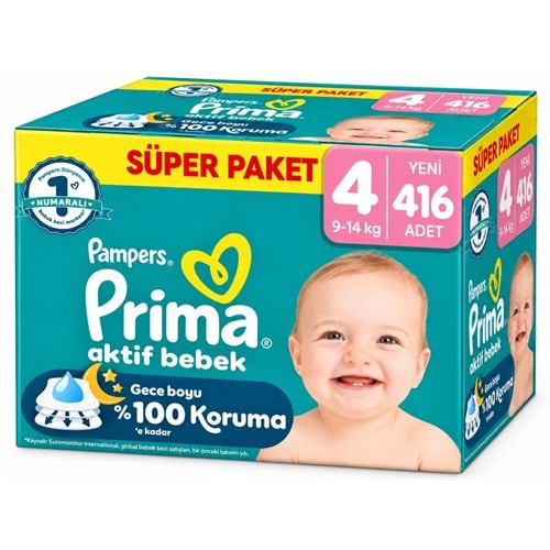 Prima Aktif Bebek Bebek Bezi 4 Beden 9-14 KG Maxi 416 Adet Süper Ultra Pk