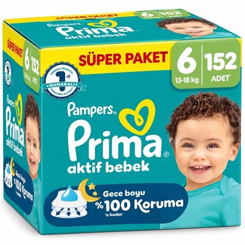 Prima Aktif Bebek Bebek Bezi 6 Beden 13-18 KG Extra Large 152 Adet Süper Aylık Pk