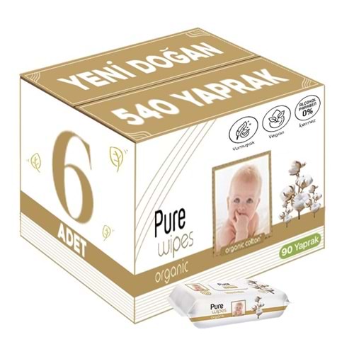 Pure Baby Islak Havlu Mendil 90 Yaprak Yenidoğan Organic Pamuklu (6 Lı Set) 540 Yaprak Plstk Kapak