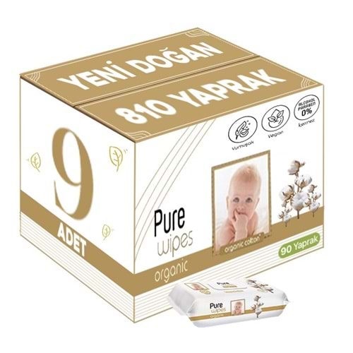 Pure Baby Islak Havlu Mendil 90 Yaprak Yenidoğan Organic Pamuklu (9 Lu Set) 810 Yaprak Plstk Kapak