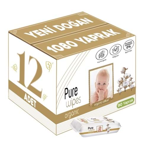 Pure Baby Islak Havlu Mendil 90 Yaprak Yenidoğan Organic Pamuklu (12 Li Set) 1080 Yaprak Plstk Kapak