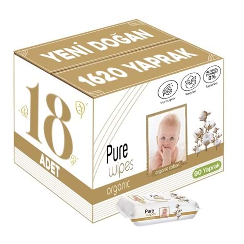 Pure Baby Islak Havlu Mendil 90 Yaprak Yenidoğan Organic Pamuklu (18 Li Set) 1620 Yaprak Plstk Kapak