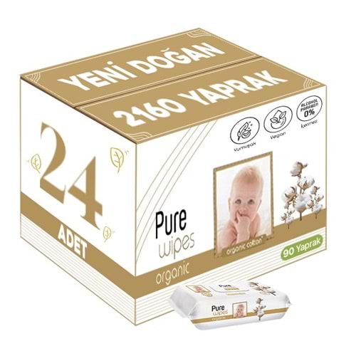 Pure Baby Islak Havlu Mendil 90 Yaprak Yenidoğan Organic Pamuklu (24 Lü Set) 2160 Yaprak Plstk Kapak
