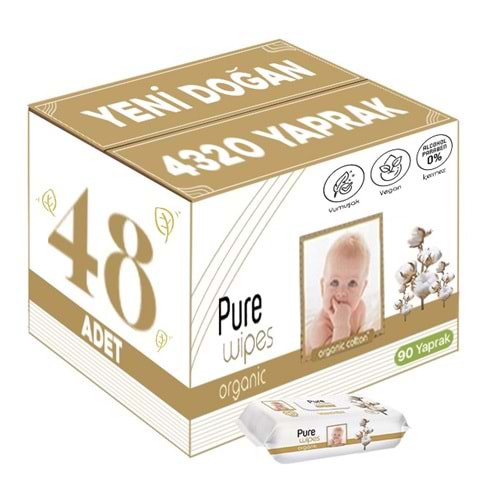 Pure Baby Islak Havlu Mendil 90 Yaprak Yenidoğan Organic Pamuklu (48 Li Set) 4320 Yaprak Plstk Kapak