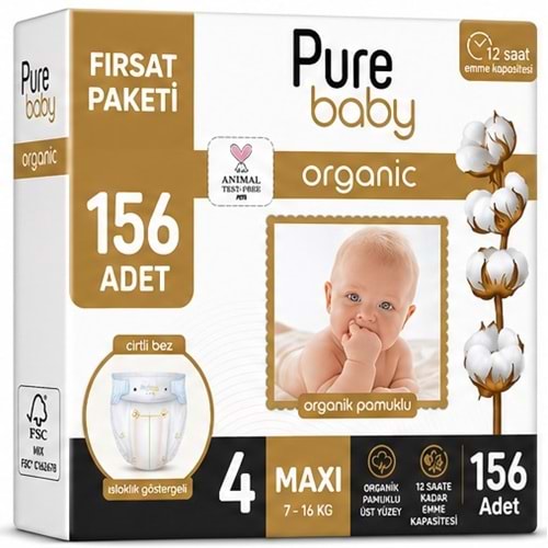 Pure Baby Organik Bebek Bezi 4 Beden 7-16 KG Maxi 156 Adet Aylık Fırsat Pk