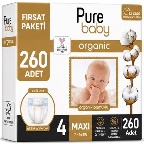 Pure Baby Organik Bebek Bezi 4 Beden 7-16 KG Maxi 260 Adet Mega Fırsat Pk