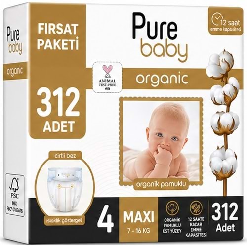 Pure Baby Organik Bebek Bezi 4 Beden 7-16 KG Maxi 312 Adet Ekstra Fırsat Pk